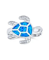 Bling Jewelry Nautical Tropical Beach Vacation Sea Mom Mother Children Tortoise Family Blue Created Opal Inlay Turtle Ring .925 Sterling Silver