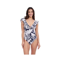 Profile by Gottex Women's Malaya Ruffle V Neck Deep Plunge One Piece