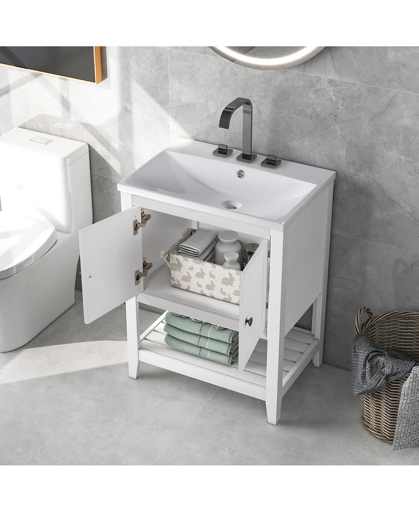 Slickblue Modern Sleek Bathroom Vanity Elegant Ceramic Sink with Solid Wood Frame Open Style Shelf