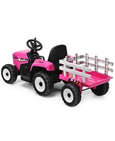 Costway 12V Kids Ride On Tractor with Trailer Ground Loader w/ Rc & Lights