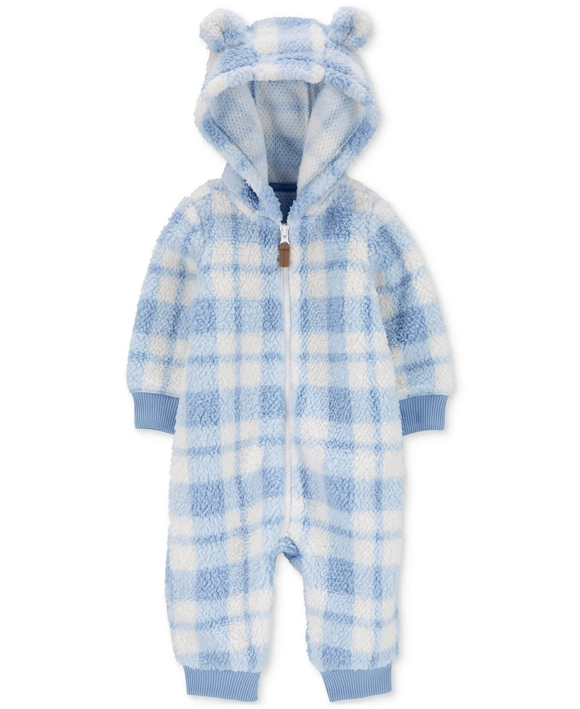 Carter's Baby Boys Plaid Hooded Fuzzy Faux-Sherpa Jumpsuit