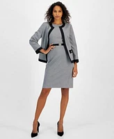 Kasper Womens Printed Open Front Blazer Printed Belted Sheath Dress