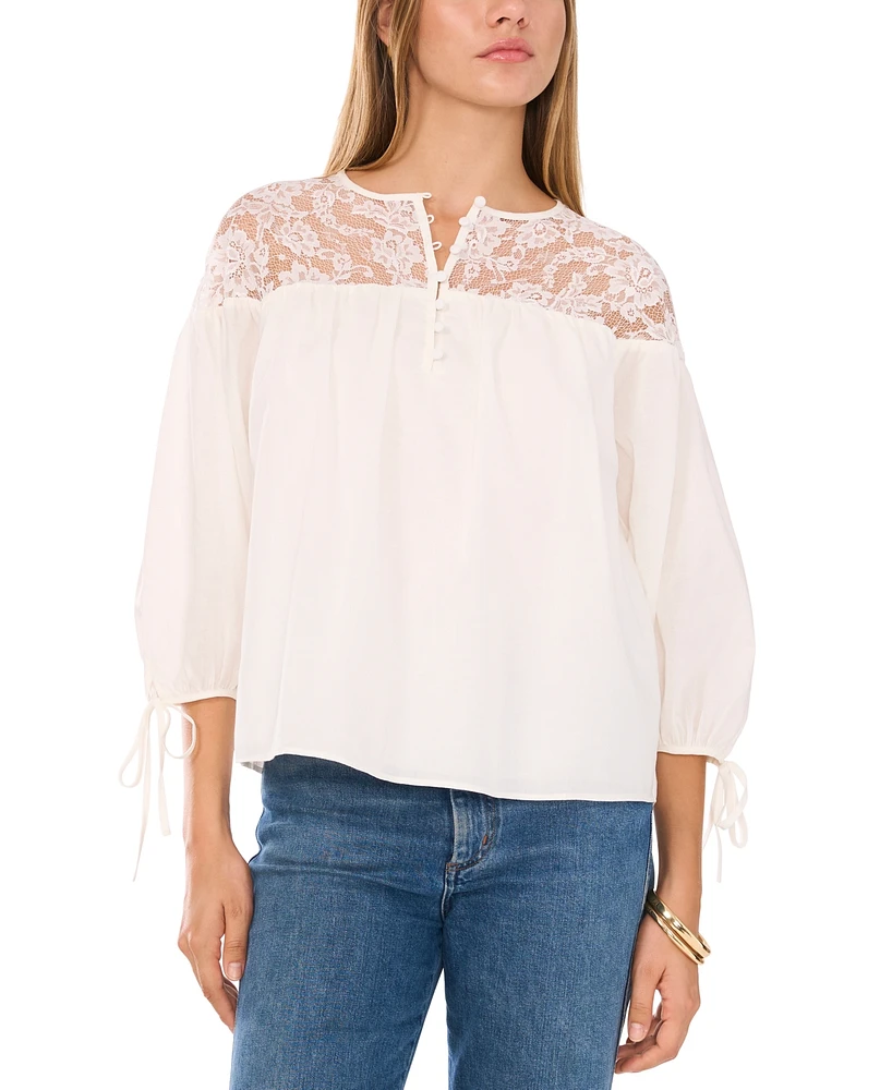 1.state Women's Lace-Yoke 3/4-Sleeve Tie-Cuff Blouse