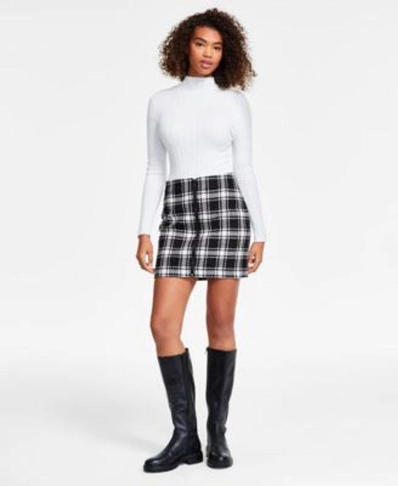 Dkny Jeans Womens Ribbed Bodysuit Plaid Mini Skirt