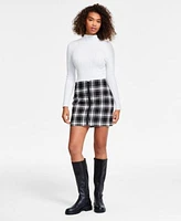 Dkny Jeans Womens Ribbed Bodysuit Plaid Mini Skirt