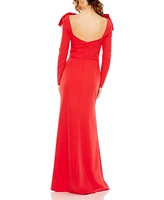 Mac Duggal Women's Ieena Empire Long Sleeve Bow Shoulder Slip Gown