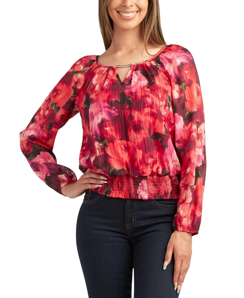 Bcx Juniors' Floral-Print Peplum-Hem Keyhole Top