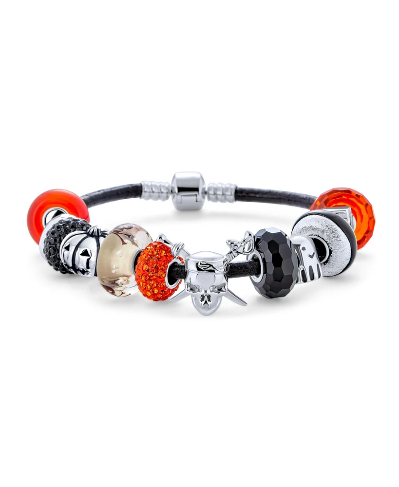 Bling Jewelry Cross Skull Ghost Pumpkin Black Orange Beads Halloween Theme Starter Beads Multi Charm Bracelet For Women Black Leather .925 Sterling Si