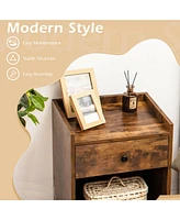 Gymax Set of 2 Nightstand with Drawer Cabinet End Side Table Raised Top Rustic Brown