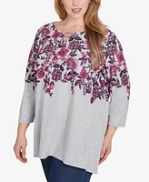 Ruby Rd. Plus Size Split Neck Floral Vine Placement Hatchi Knit Sharkbite Top