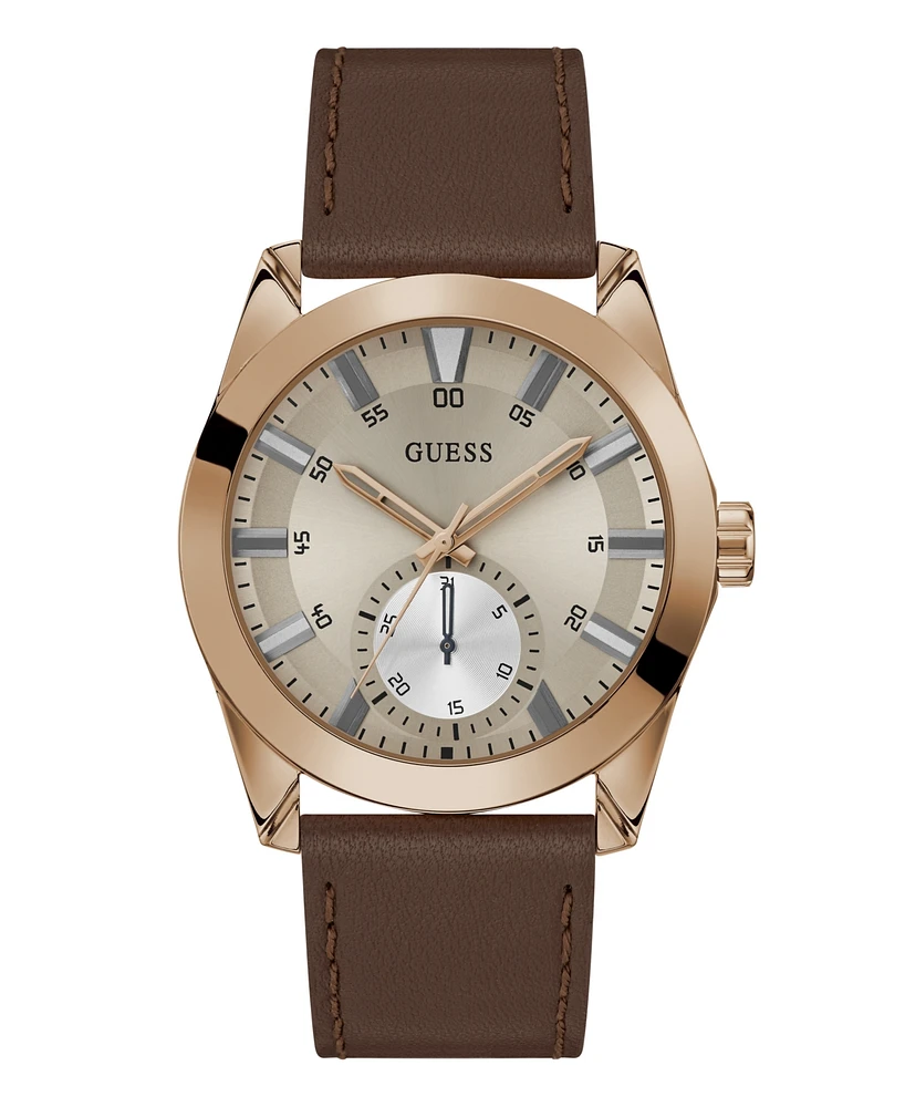 Guess Men's Multi- Function Brown Genuine Leather Watch 44mm