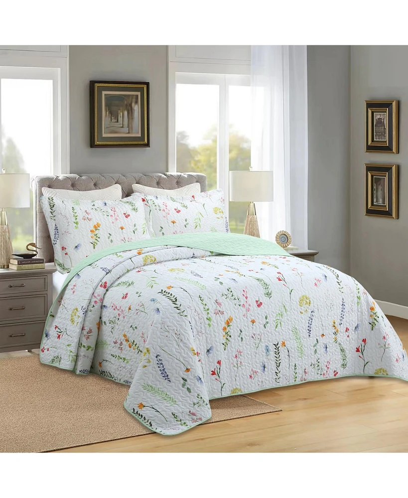MarCielo 3 Piece Printed Floral Quilt Set Lightweight Bedspread Set Queen