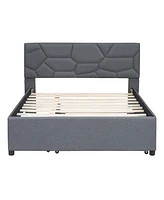 Slickblue Full Size Upholstered Platform Bed with Brick Pattern Headboard and Twin Size Trundle