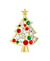 Bling Jewelry Large Statement Colorful Crystal Christmas Tree & Bells Scarf Brooch Pin - Gold