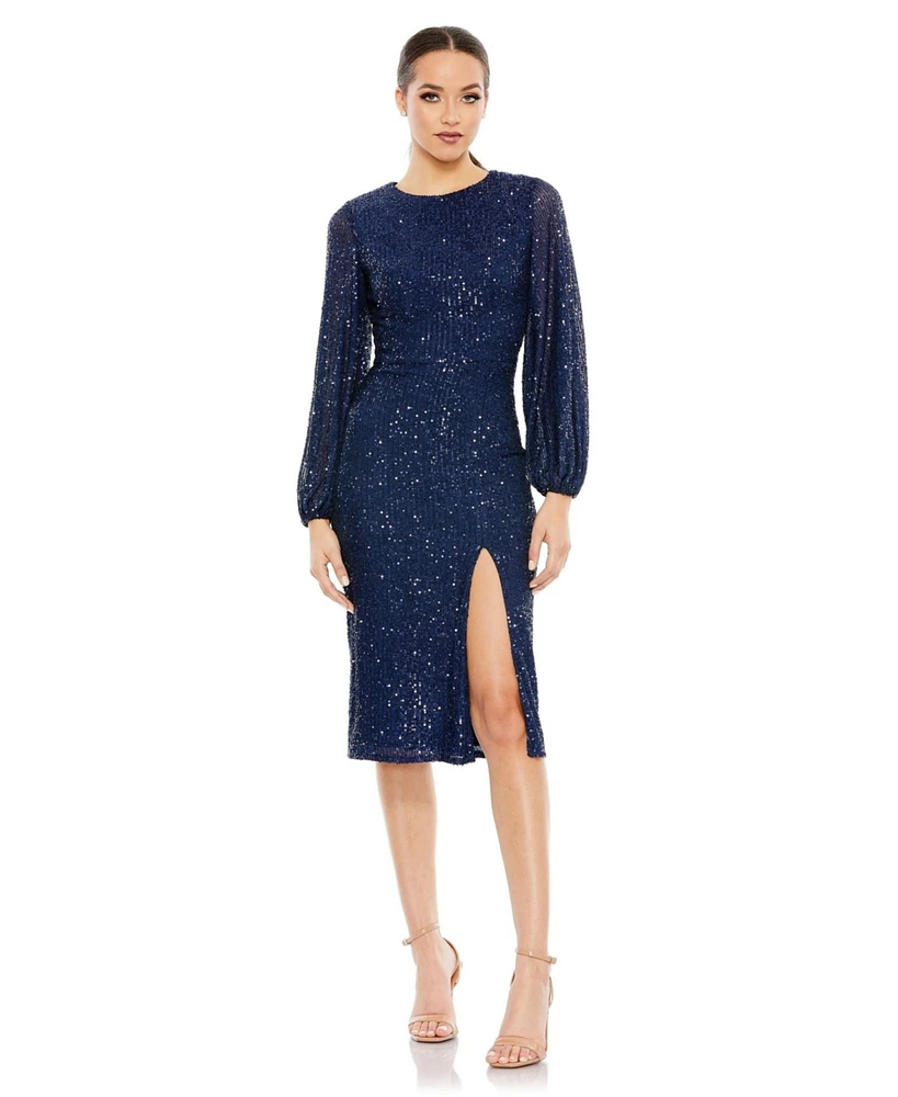 Mac Duggal Women's Sequined Puff Sleeve High Neck Dress