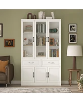 Famapy 8-Shelf White Wood Standard Bookcase with Shelves,Drawers