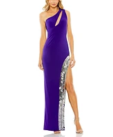 Mac Duggal Women's One Shoulder Cut Out Mirror Sequin High Slit Gown