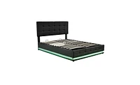 Slickblue Queen Size Tufted Upholstered Platform Bed with Hydraulic Storage, Led Lights, and Usb Charger