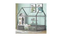 Slickblue Full Size Wood House Bed with Fence and Door – Charming and Playful Design