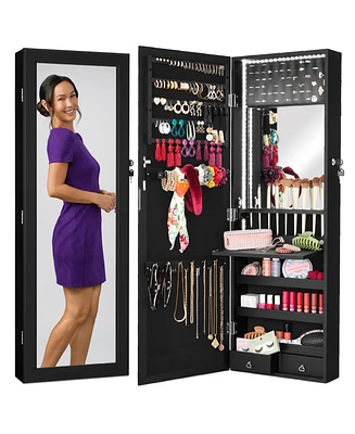 Best Choice Products Hanging Mirror Jewelry Armoire, Door or Wall Mounted Cabinet w/ Led Lights, Lock