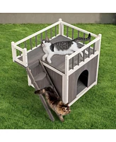 Slickblue 2-Story Wooden Feral Cat House – Dog House for Outdoor and Indoor Use, Pet House with Stairs, Grey & White