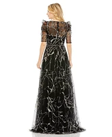 Mac Duggal Women's Embellished Gathered Puff Sleeve Faux Wrap Gown