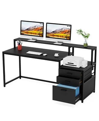 Tribesigns 63 Inch Computer Desk with File Drawer Cabinet, Ergonomic Office Monitor Stand, Table Printer Space, Wood Pc