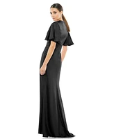 Mac Duggal Women's Ieena Flounce Sleeve V Neck Trumpet Gown