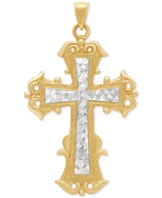 Men's Two-Tone Textured Inlay Fancy Cross Pendant in 14k Gold