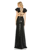 Mac Duggal Women's Sequined Ruffled Cut Out Lace Up Gown