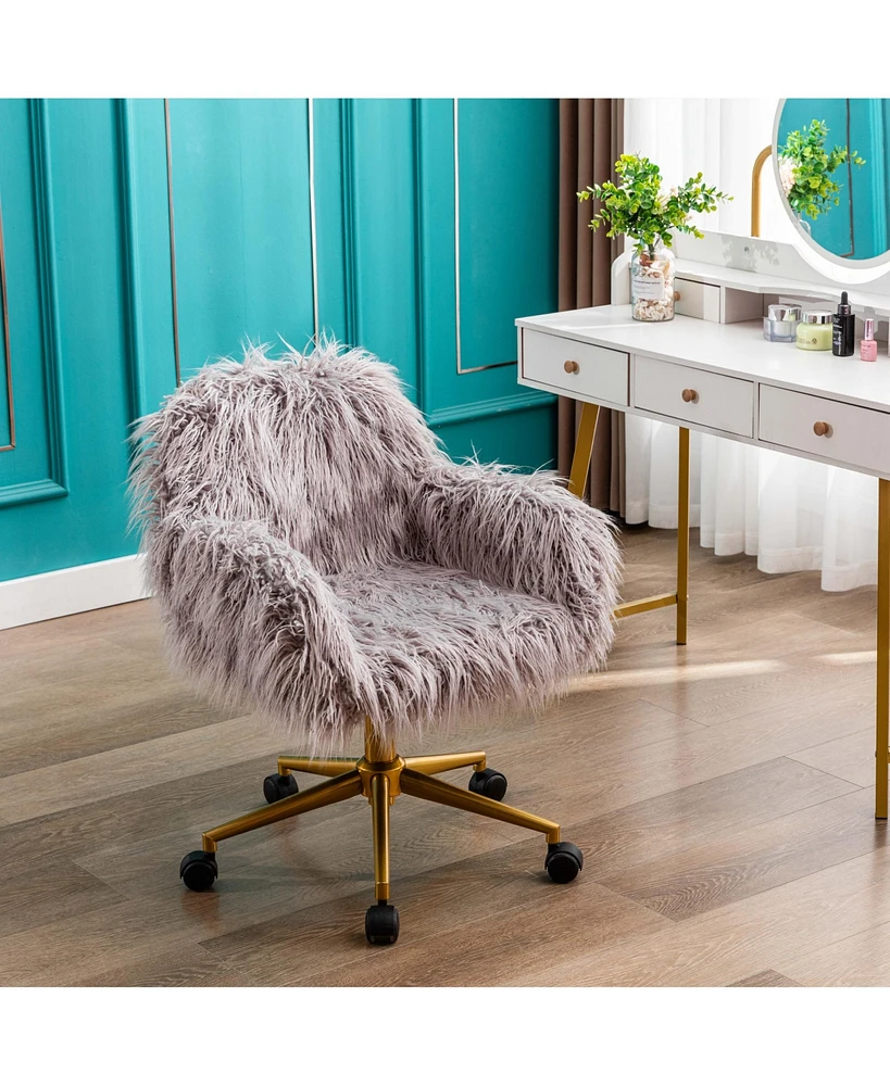 Slickblue Modern Faux fur home office chair, fluffy chair for girls, makeup vanity Chair with Gold Plating Base