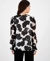 Anne Klein Women's Printed V-Neck Long-Sleeve Blouse