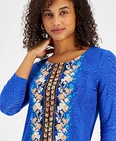 Jm Collection Women's Printed Jacquard 3/4-Sleeve Top, Created for Macy's
