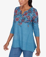 Ruby Rd. Petite Split Neck Floral Print Hatchi Knit Sharkbite Top with Bar Detail