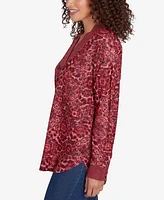 Ruby Rd. Petite V-Neck Leopard Medallion Printed Hatchi Knit Top with Solid Rib Trim