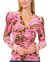 CeCe Women's Velvet Floral-Print Ruched Top