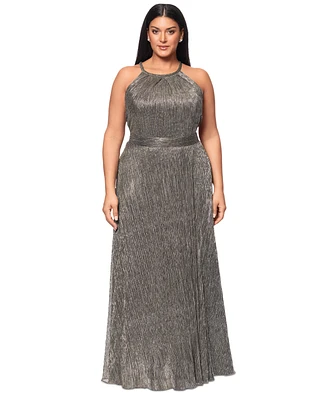 Betsy & Adam Plus Size Crinkled Metallic Halter Gown