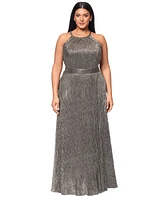 Betsy & Adam Plus Crinkled Metallic Halter Gown