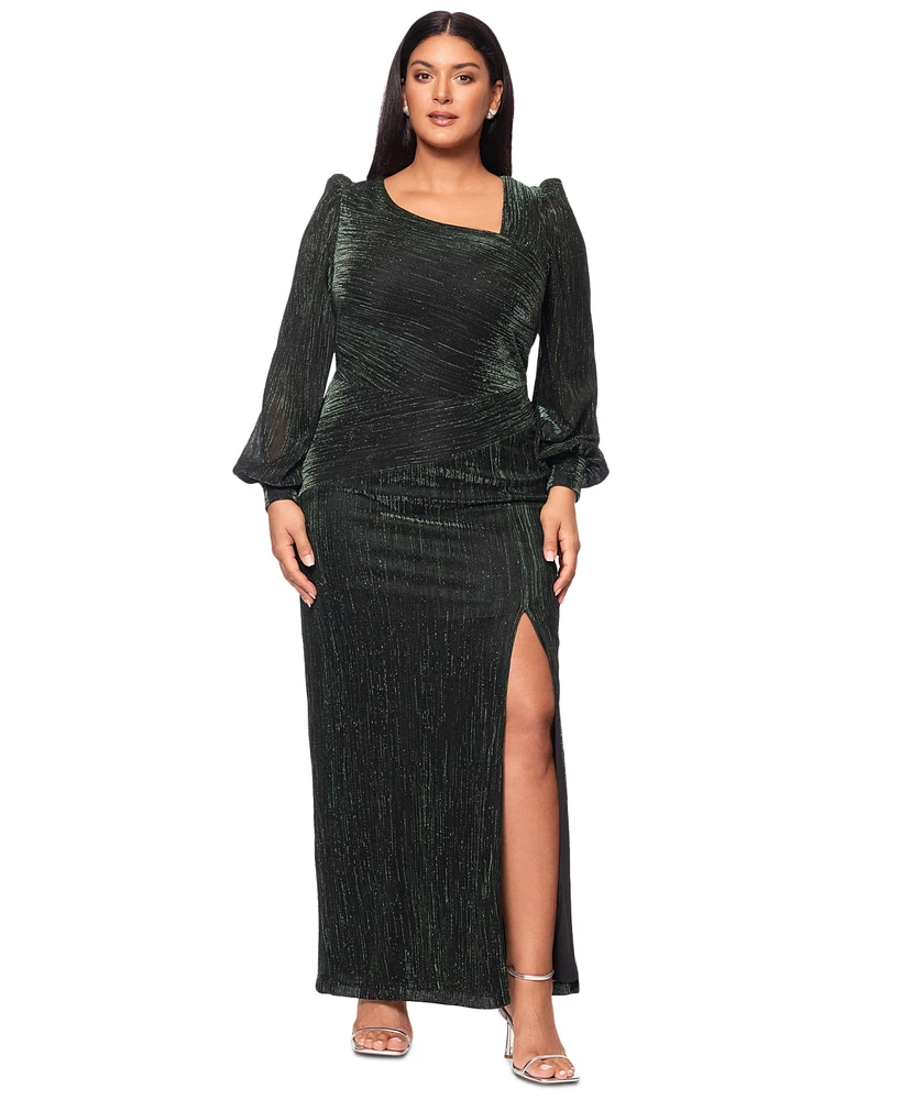 Betsy & Adam Plus Metallic Asymmetric Long-Sleeve Gown