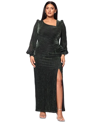 Betsy & Adam Plus Metallic Asymmetric Long-Sleeve Gown