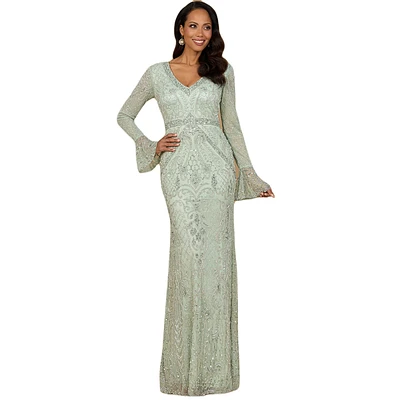 Lara Women's Long Bell sleeve V-neck Beaded Gown