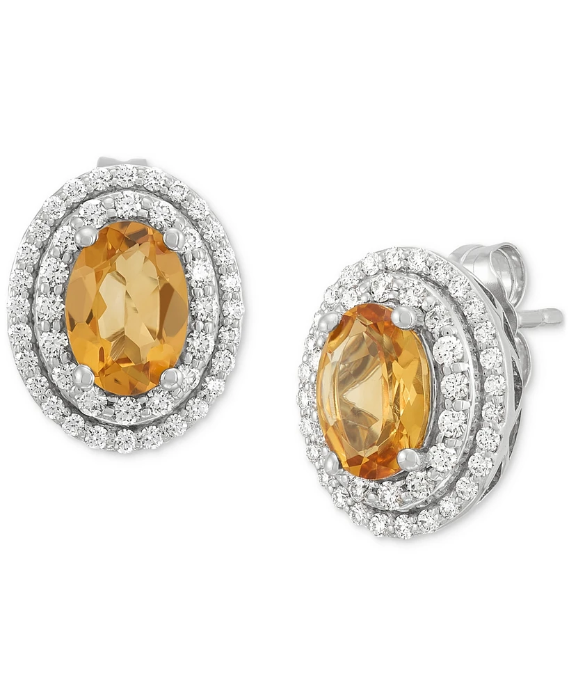 Citrine (1-1/3 ct. t.w.) & Diamond (3/8 ct. t.w.) Oval Halo Stud Earrings in 14k White Gold