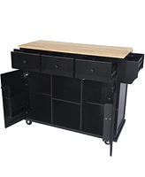 Slickblue Kitchen Cart with Rubber Wood Drop-Leaf Countertop Cabinet Door Internal Storage Racks, 5 Wheels, 3 Drawers