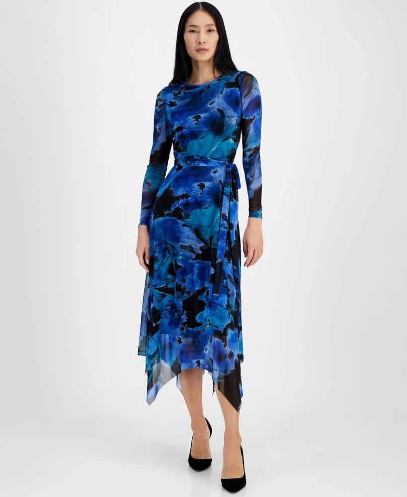 Anne Klein Petite Printed Handkerchief-Hem Midi Dress