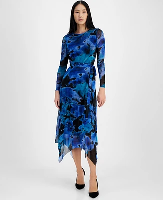 Anne Klein Petite Printed Handkerchief-Hem Midi Dress