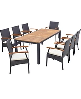 Costway 9 Pcs Patio Rattan Dining Set with Acacia Wood Table, Cushions