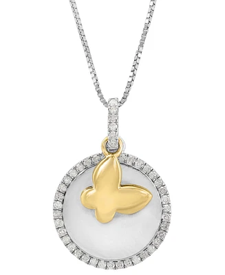 Effy Diamond Disc & Butterfly Two Charm 18" Pendant Necklace (1/4 ct. t.w.) in Sterling Silver & Gold-Plate - Sterling Silver  Gold