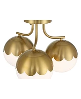 360 Lighting Camila 16" Mid Century Modern Semi Flush-Mount Ceiling Light Fixture Kitchen Foyer Hallway Round 3-Light Gold Antique Brass Finish White