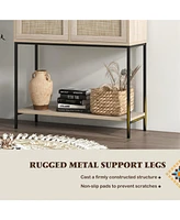 Costway Rattan Console Table with 2 Rattan Drawers & Open Storage Shelf Metal Legs