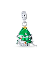 Bling Jewelry Green Christmas Tree Hidden Santa Claus Dangle Charm Bead .925 Sterling